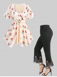 Cherry Fruit Waffle Plaid Print Blouse and Scalloped Tassel Lace Trim Flare Pants Plus Size Outfit -  