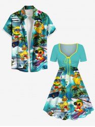Coconut Tree Ducks Ship Sea Waves Print Plus Size Matching Hawaii Beach Outfit For Couples -  