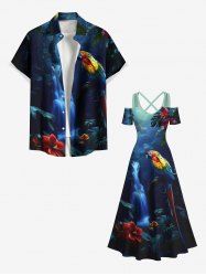 Parrot Fall Flowers Print Plus Size Matching Hawaii Beach Outfit For Couples -  