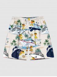 Plus Size Coconut Tree Sea Waves Ship Ducks Print Hawaii Beach Shorts For Men -  