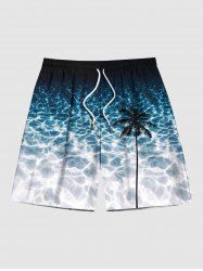 Short de Plage Hawaïen 3D Vague D'Océan et Arbre Noix de Coco Imprimés de Grande Taille à Paillettes - Bleu 7XL