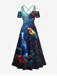Plus Size Parrot Fall Flowers Print Cold Shoulder Crisscross Hawaii Maxi Dress -  