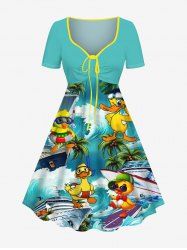 Plus Size Coconut Tree Ducks Ship Sea Waves Print Cinched Hawaii Dress -  