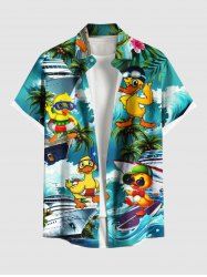 Plus Size Coconut Tree Ducks Ship Sea Waves Print Buttons Pocket Hawaii Shirt For Men -  
