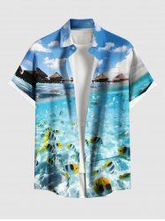 Plus Size Seascape Fish Cloud Bridge Print Buttons Pocket Hawaii Shirt For Men -  