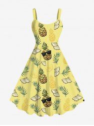 Plus Size Cartoon Pineapple Tropical Leaves Print Hawaii A Line Tank Dress - Jaune 4X