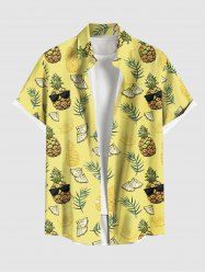 Plus Size Cartoon Pineapple Tropical Leaves Print Hawaii Button Pocket Shirt For Men -  
