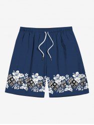 Short de plage hawaïen grande taille à imprimé ethnique floral et feuilles, avec cordon de serrage, pour homme - Bleu profond L