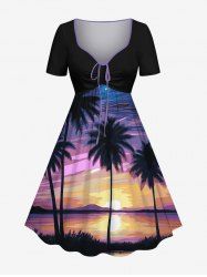 Plus Size Coconut Tree Oil Painting Sun Sky Print Cinched Hawaii Dress -  