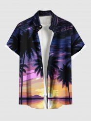 Plus Size Coconut Tree Oil Painting Sun Sky Print Buttons Pocket Hawaii Shirt For Men -  