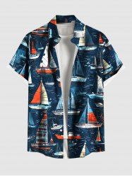 Plus Size Sailboat Sea Wave Print Hawaii Cruise Button Pocket Shirts For Men -  