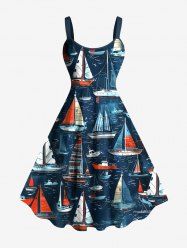 Robe de Bal Grande Taille Imprimée Hawaï Voilier et Vague de Mer - Bleu profond 6X