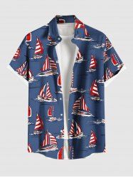 Plus Size Sailboat Sea Wave Print Hawaii Cruise Button Pocket Shirt For Men -  