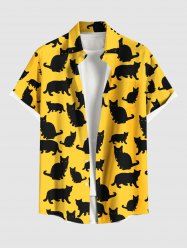 Chemise Imprimé Chat Noir à Boutons Grande Taille avec Poche pour Homme - Jaune L