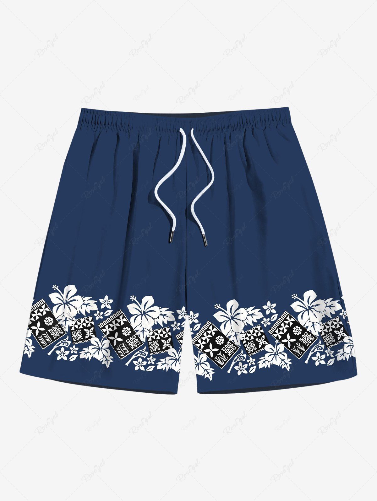 Outfit Plus Size Flower Leaf Ethnic Graphic Print Hawaii Drawstring Beach Shorts For Men  