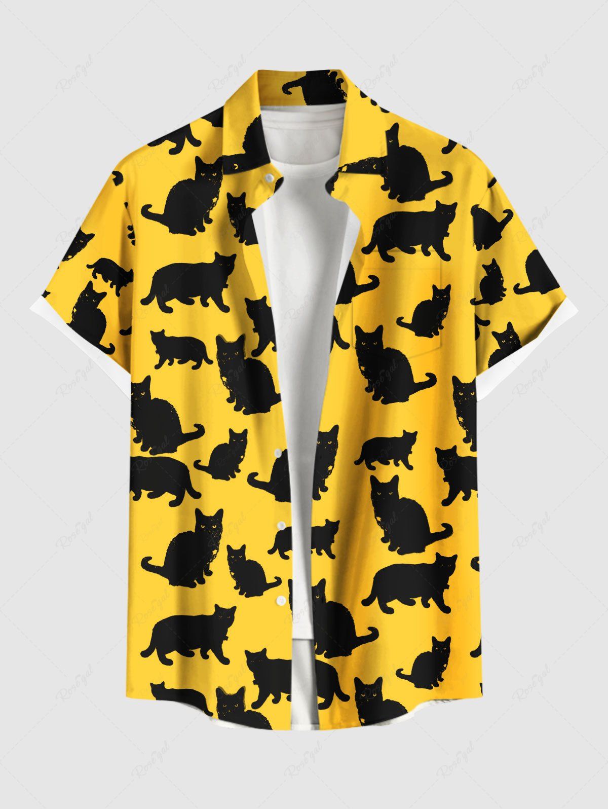 Outfit Plus Size Black Cats Print Buttons Pocket Hawaii Shirt For Men  