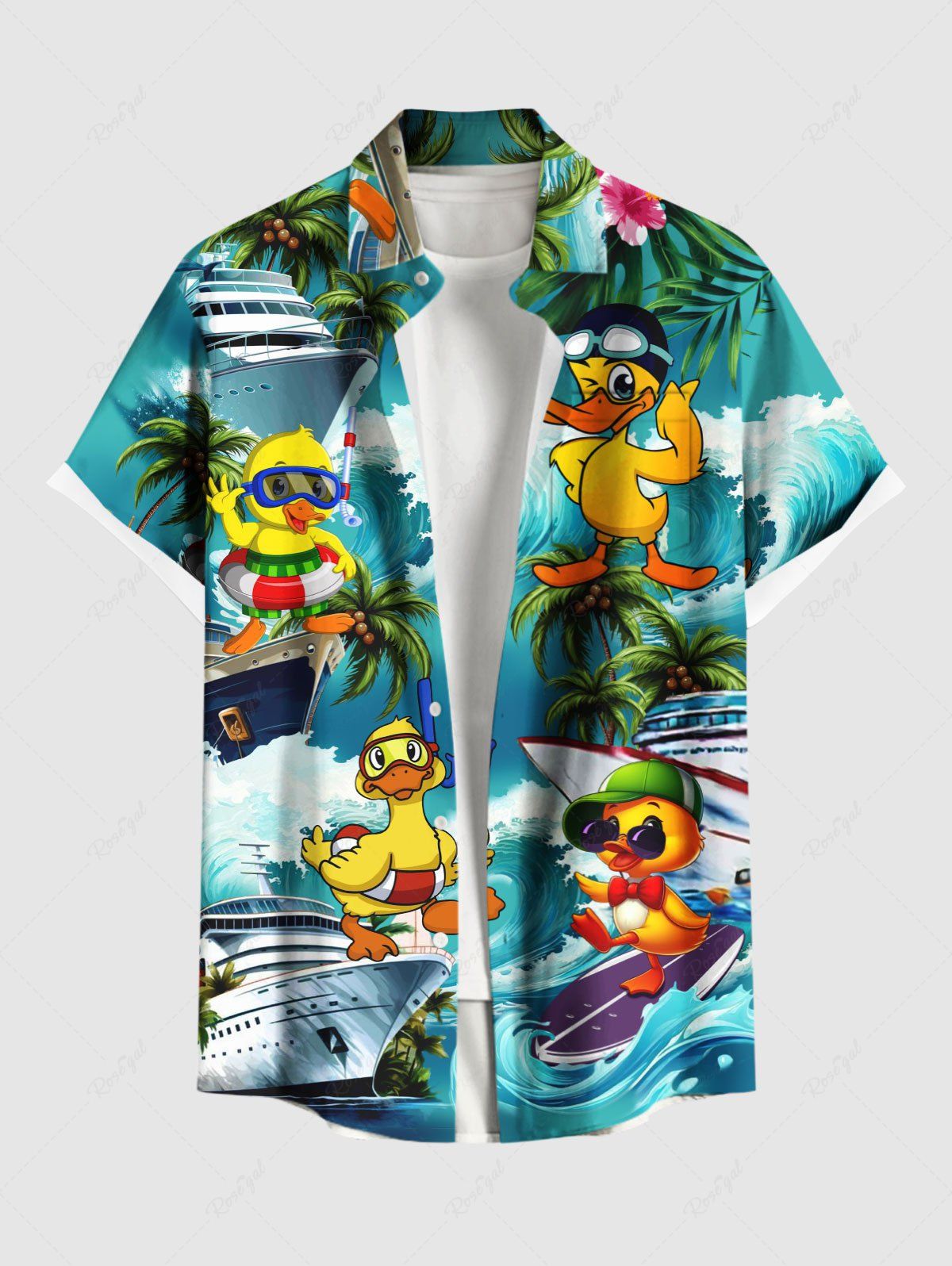 Affordable Plus Size Coconut Tree Ducks Ship Sea Waves Print Buttons Pocket Hawaii Shirt For Men  