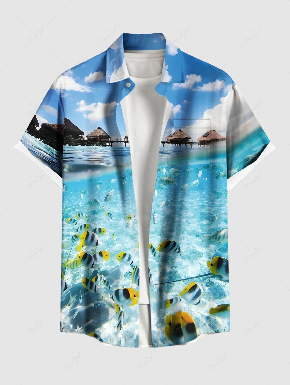 Trendy Plus Size Seascape Fish Cloud Bridge Print Buttons Pocket Hawaii Shirt For Men  