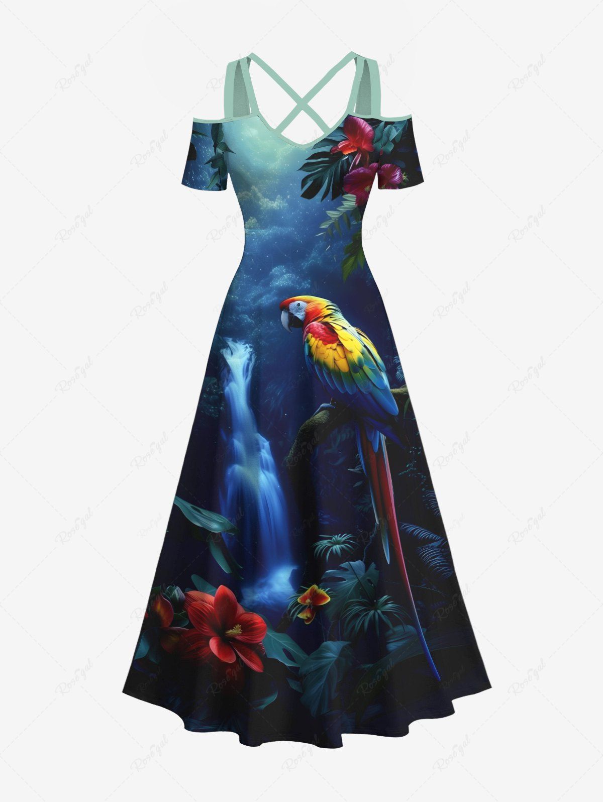 Shop Plus Size Parrot Fall Flowers Print Cold Shoulder Crisscross Hawaii Maxi Dress  