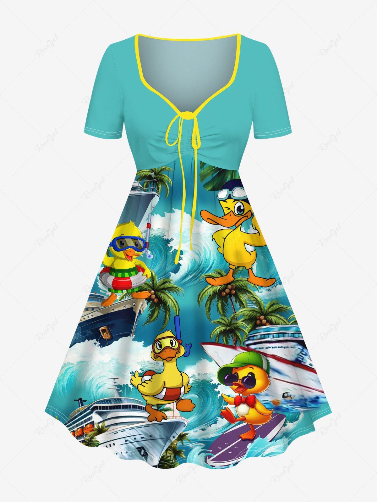 Discount Plus Size Coconut Tree Ducks Ship Sea Waves Print Cinched Hawaii Dress  