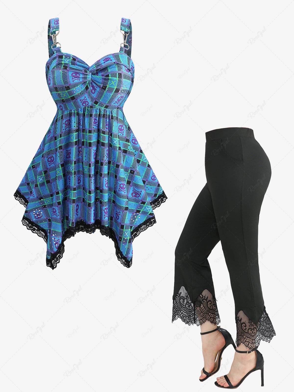 Outfit Plaid Skulls Print Twist Cut Out Tank Top and Scalloped Tassel Flare Pants Plus Size Outfit  