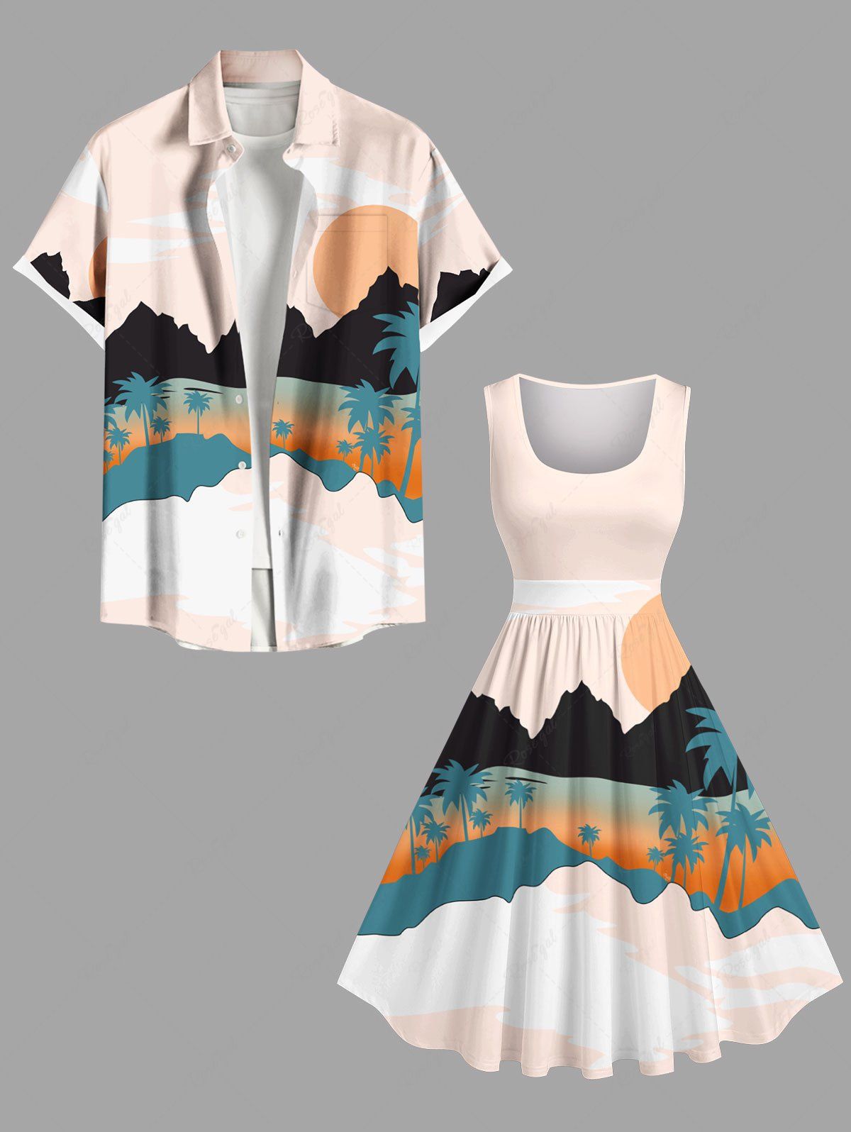 Discount Coconut Tree Mountain Sun Ombre Print Plus Size Matching Hawaii Beach Outfit For Couples  