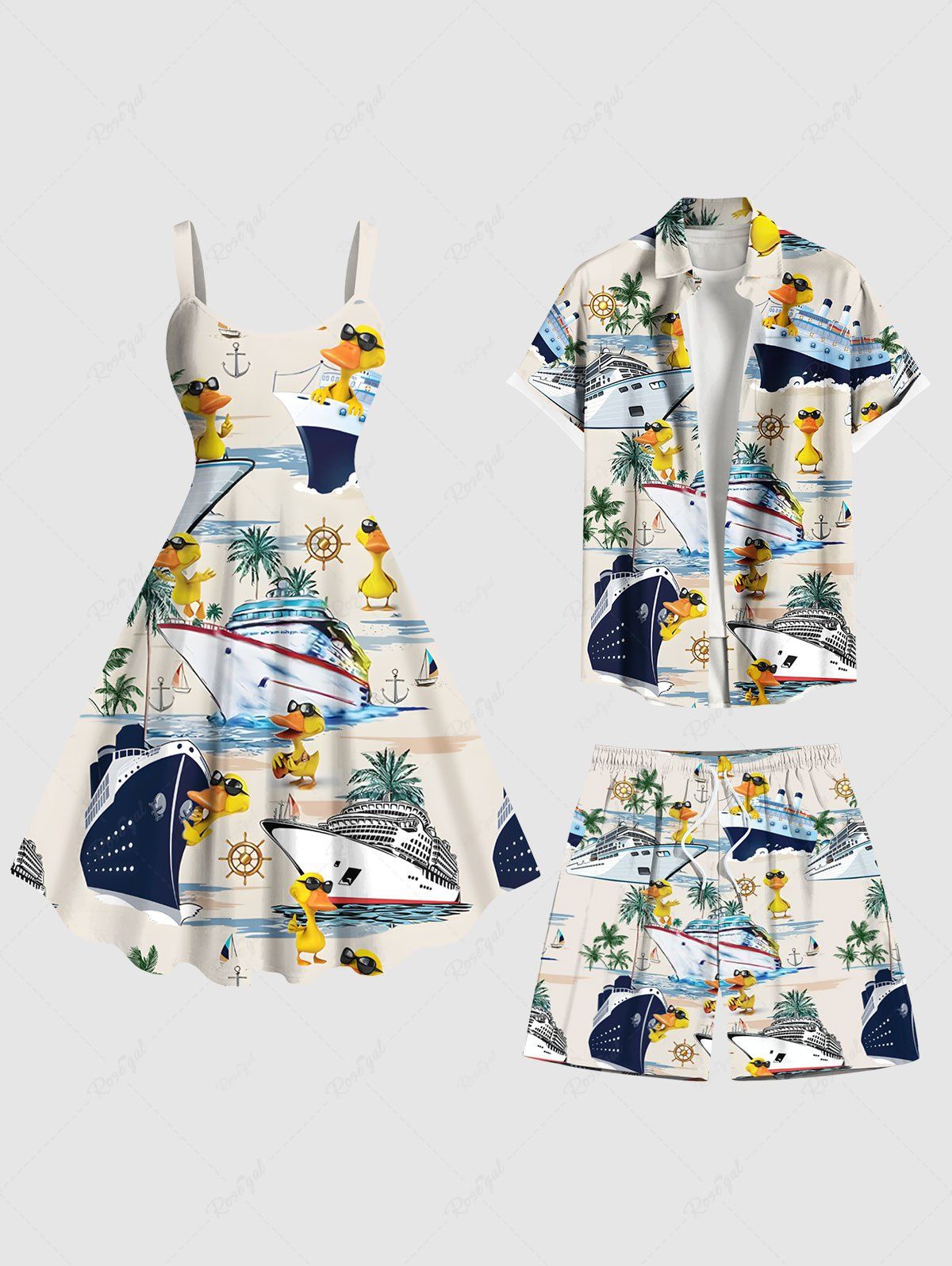 Sale Coconut Tree Ducks Sea Waves Ship Print Plus Size Matching Hawaii Beach Outfit For Couples  