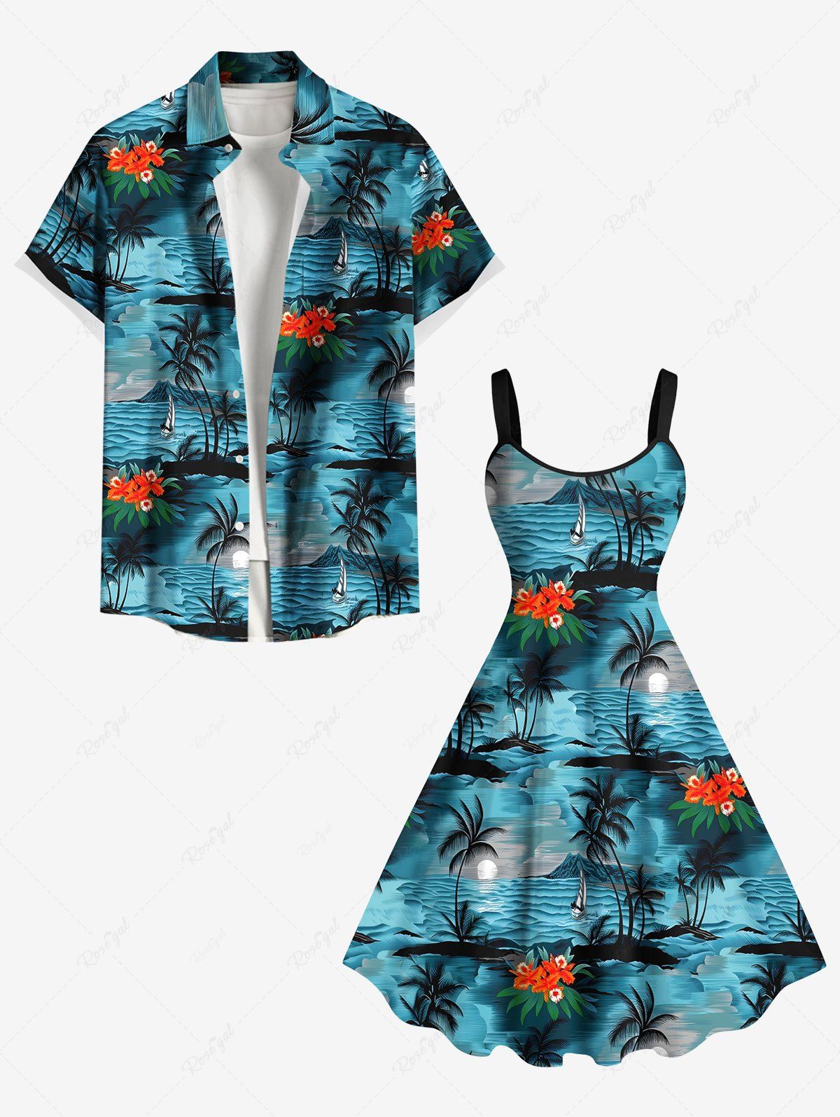 Latest Coconut Tree Flower Sea Wave Seascape Print Plus Size Matching Hawaii Beach Outfit For Couples  
