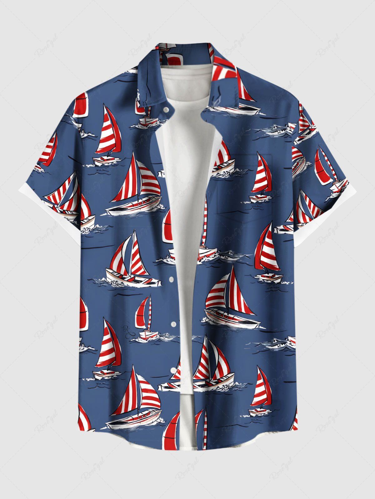 Unique Plus Size Sailboat Sea Wave Print Hawaii Cruise Button Pocket Shirt For Men  