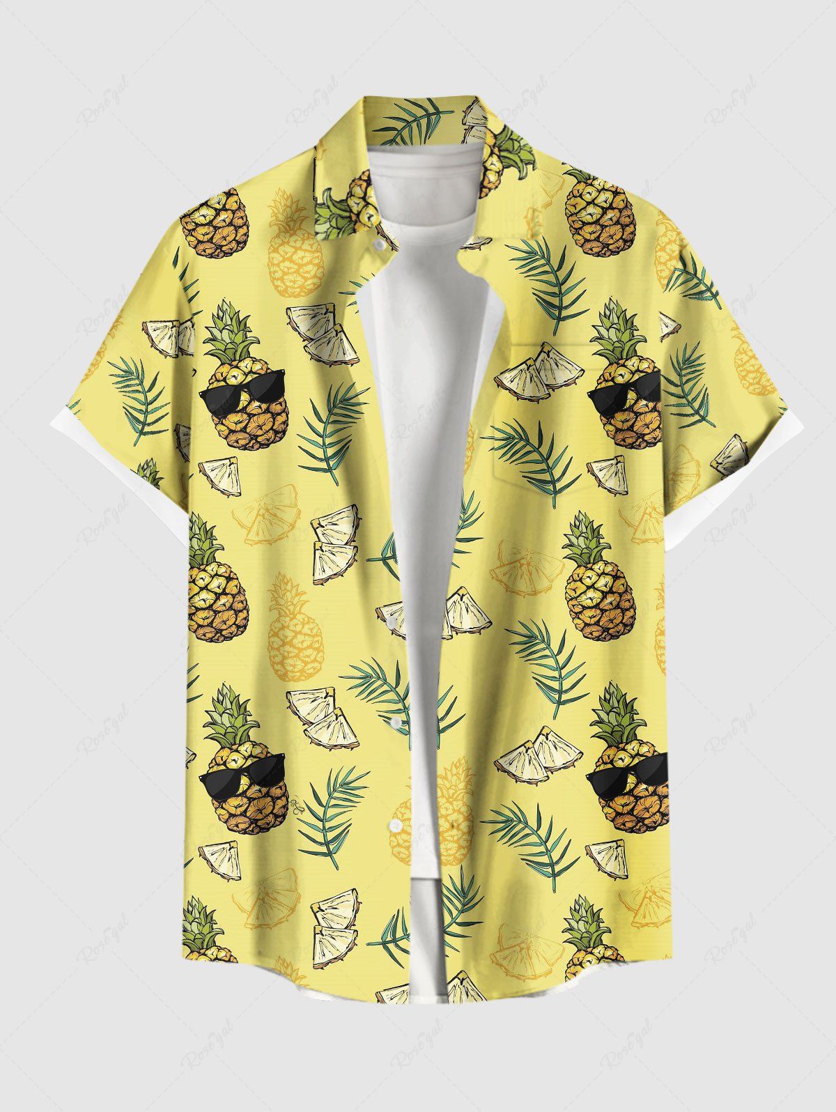 Discount Plus Size Cartoon Pineapple Tropical Leaves Print Hawaii Button Pocket Shirt For Men  