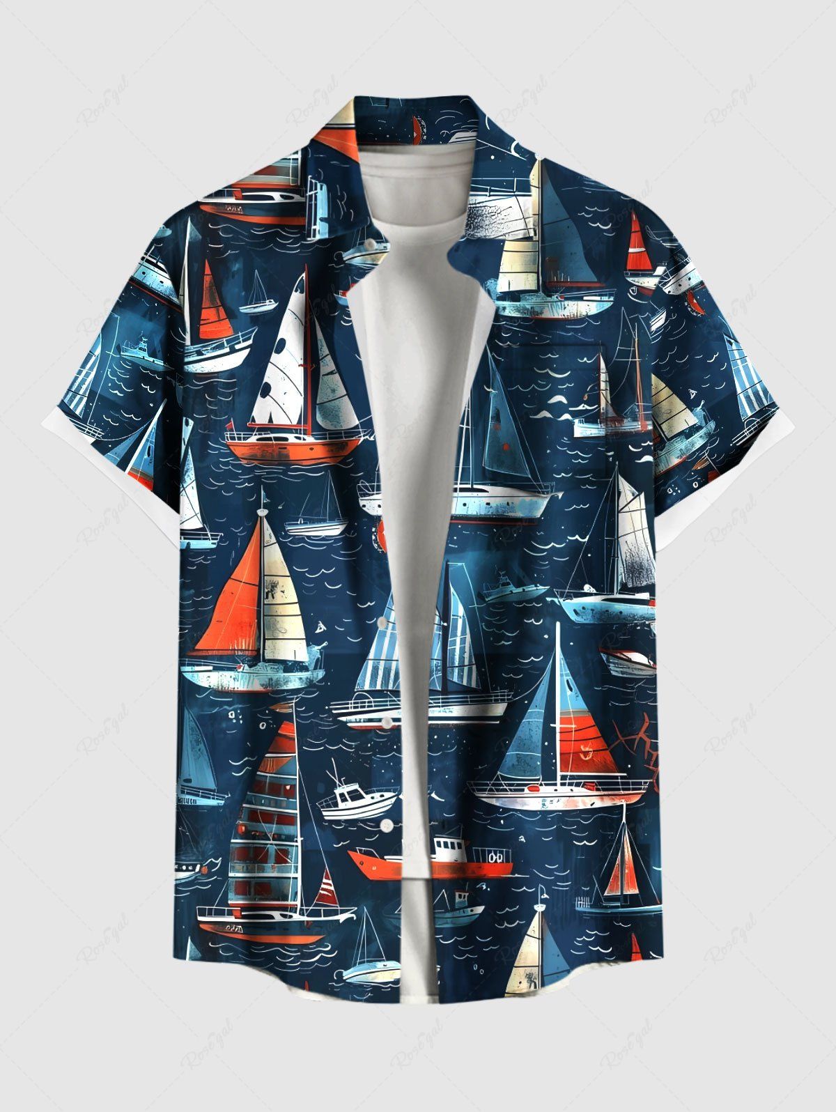 Fashion Plus Size Sailboat Sea Wave Print Hawaii Cruise Button Pocket Shirts For Men  