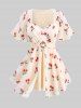 Cherry Fruit Waffle Plaid Print Blouse and Scalloped Tassel Lace Trim Flare Pants Plus Size Outfit -  