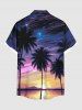 Plus Size Coconut Tree Oil Painting Sun Sky Print Buttons Pocket Hawaii Shirt For Men -  