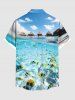 Plus Size Seascape Fish Cloud Bridge Print Buttons Pocket Hawaii Shirt For Men -  