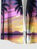 Plus Size Coconut Tree Oil Painting Sun Sky Print Buttons Pocket Hawaii Shirt For Men -  