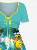 Plus Size Coconut Tree Ducks Ship Sea Waves Print Cinched Hawaii Dress -  