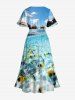 Plus Size Seascape Fish Cloud Bridge Print Split Hawaii Midi Dress -  