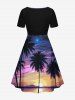 Plus Size Coconut Tree Oil Painting Sun Sky Print Cinched Hawaii Dress -  