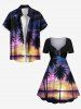 Plus Size Coconut Tree Oil Painting Sun Sky Print Cinched Hawaii Dress -  