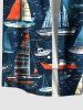 Plus Size Sailboat Sea Wave Print Hawaii Cruise Button Pocket Shirts For Men -  