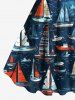 Robe de Bal Grande Taille Imprimée Hawaï Voilier et Vague de Mer - Bleu profond 6X