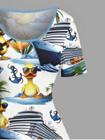 Plus Size Coconut Tree Ducks Sea Waves Ship Print Vintage Hawaii Dress