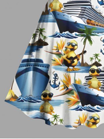 Plus Size Coconut Tree Ducks Sea Waves Ship Print Vintage Hawaii Dress