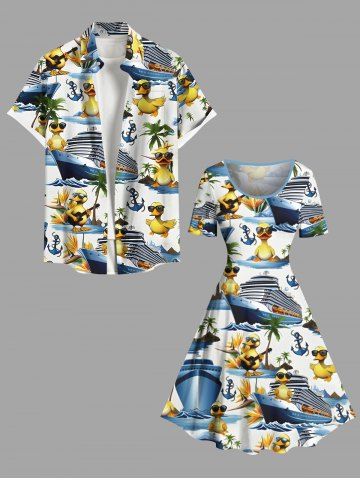 Coconut Tree Ducks Sea Waves Ship Print Plus Size Matching Hawaii Beach Outfit For Couples - BLUE