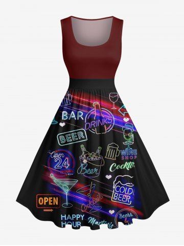 Plus Size Beer Juice Letters Neon Print 1950s Vintage Hawaii Dress - BLACK - S