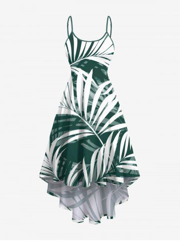 Plus Size Tropical Leaf Print High Low Hawaii Cami Dress - GREEN - 3X