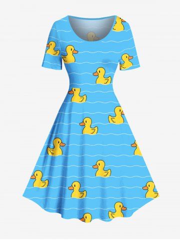 Plus Size Ducks Wave Line Print Vintage Hawaii Dress - SKY BLUE - 1X