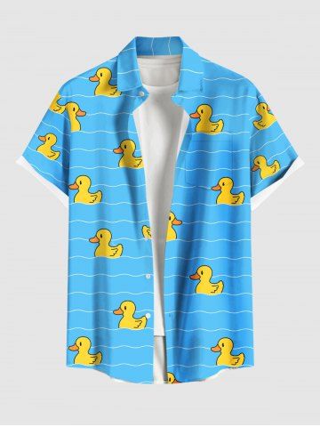 Plus Size Ducks Wave Line Print Buttons Pocket Hawaii Shirt For Men - SKY BLUE - L