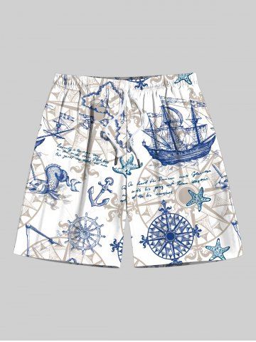 Plus Size Sailboat Starfish Anchor Steering Wheel Print Hawaii Cruise Drawstring Beach Shorts For Men - WHITE - 5XL