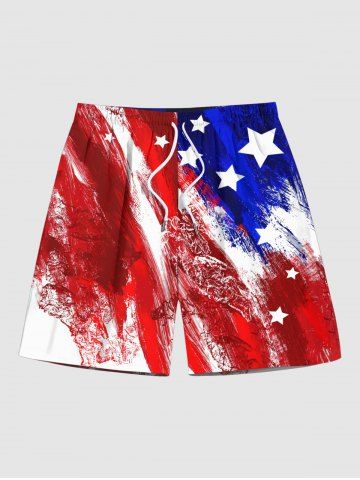 Plus Size Painting Patriotic American Flag Print Drawstring Beach Shorts For Men - RED - 3XL